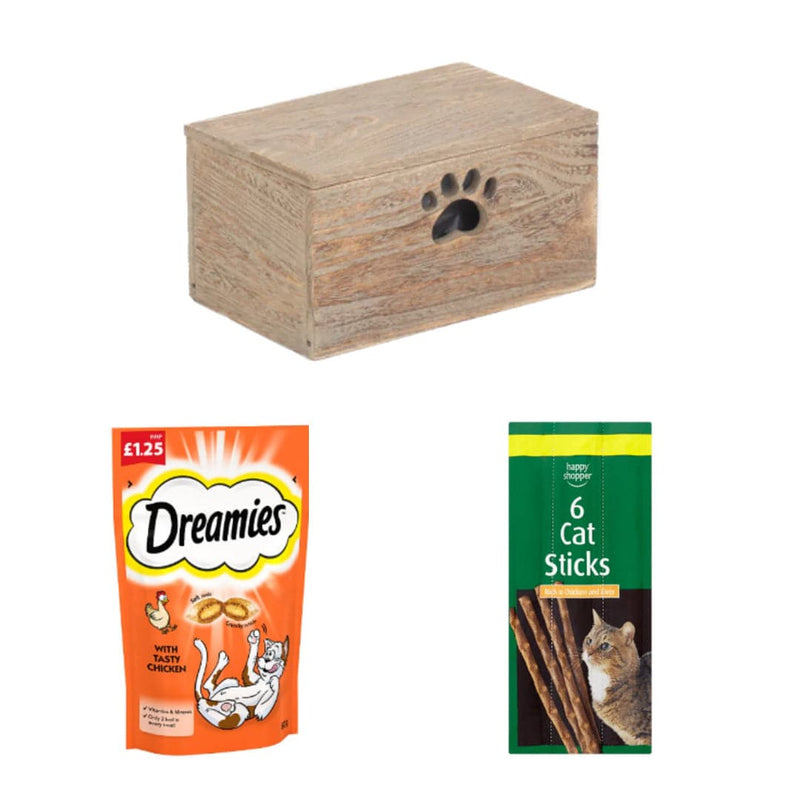 Dreamies Purrfect Cat Treats Box | 3 Ingredients | Wooden Cat Food Tray | 2x Happy Shopper 6 Cat Sticks 30g | Dreamies Cat Treat Biscuits with Chicken 60g x 48 | London Grocery