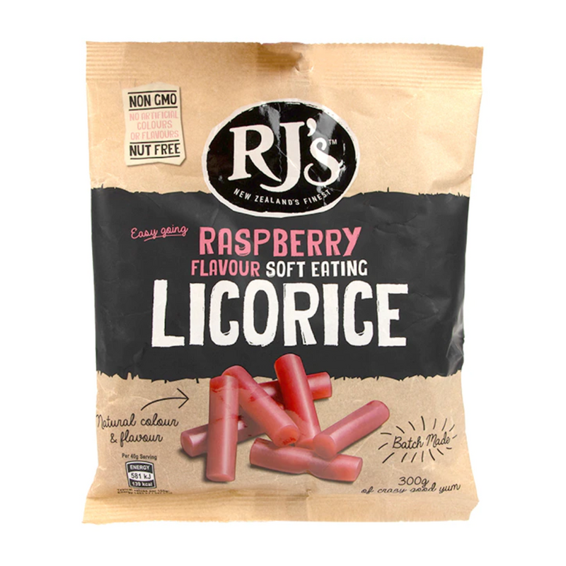 RJs Natural Licorice Raspberry 300g Bag | London Grocery