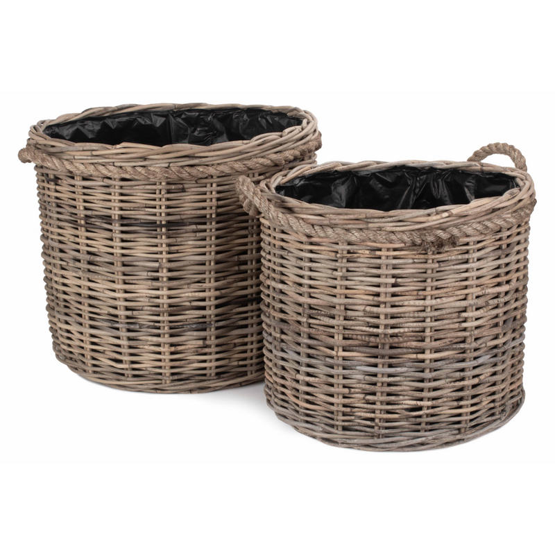 Rope Handled Rattan Round Planter With Plastic Lining Set 2 | London Grocery