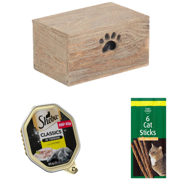 Sheba Classics Chicken Treats Box | 3 Ingredients | Wooden Cat Food Tray | 2x Happy Shopper 6 Cat Sticks 30g | Sheba Classics Wet Cat Food Tray Chicken in Terrine 85g x 44 | London Grocery