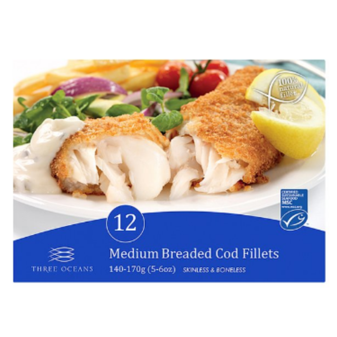 Buy Three Oceans 12 Medium Breaded Cod Fillets 1.68kg x 1 Packs