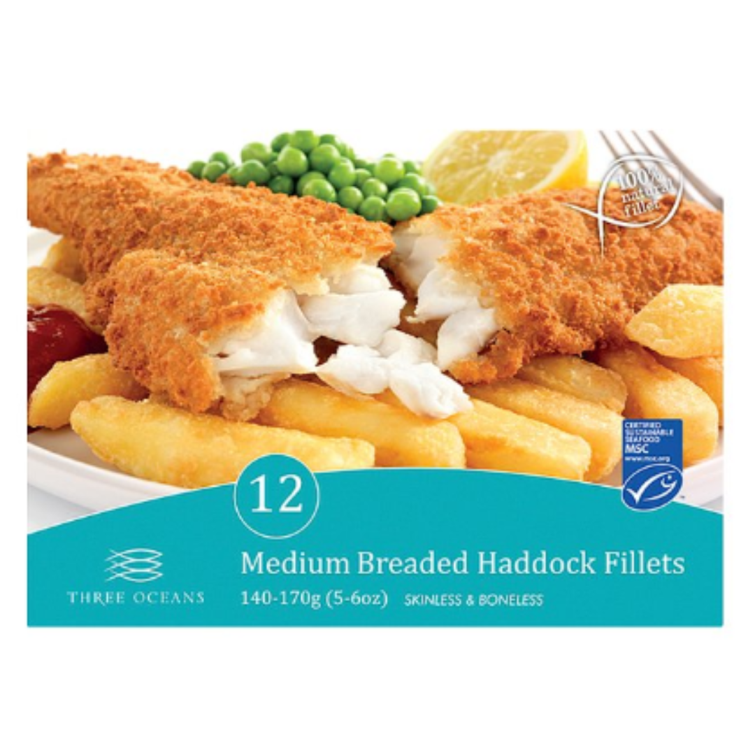Buy Three Oceans 12 Medium Breaded Haddock Fillets 1.68kg x 1 Packs
