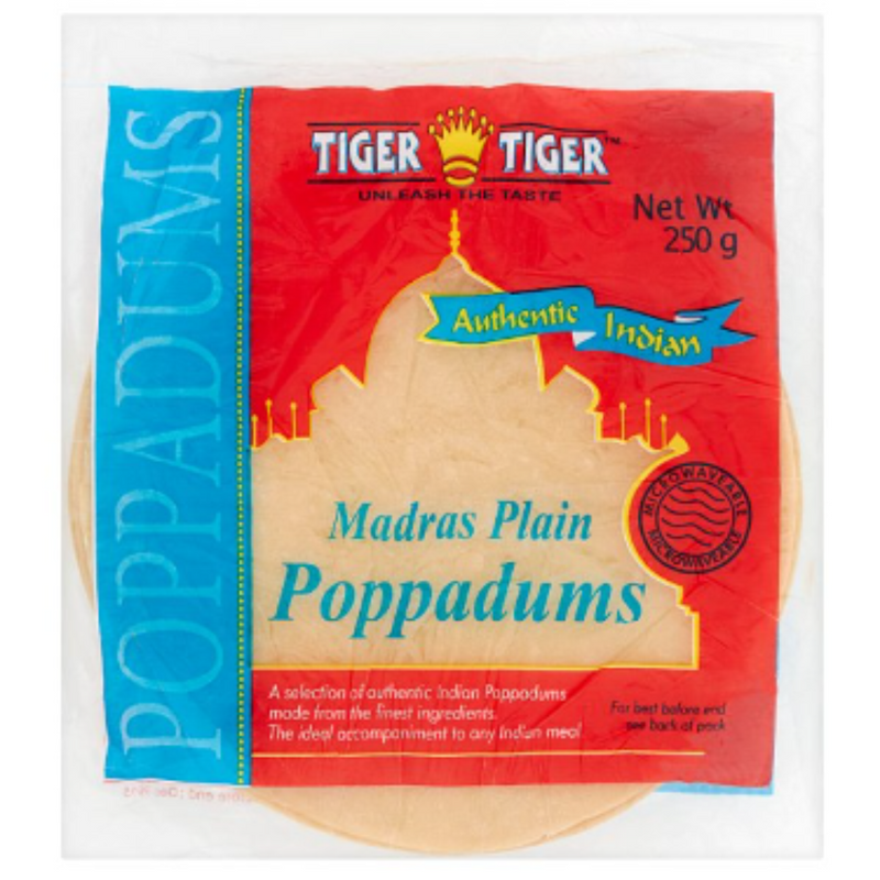 Tiger Tiger Authentic Indian Madras Plain Poppadums 250g x 10 - London Grocery