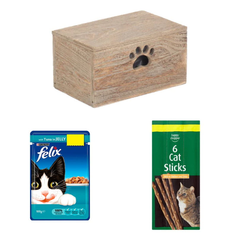 FELIX Purrfect Tuna and Sticks Cat Box | 3 Ingredients | Wooden Cat Food Tray | 2x Happy Shopper 6 Cat Sticks 30g |FELIX Tuna In Jelly Wet Cat Food 100g x 40 | London Grocery