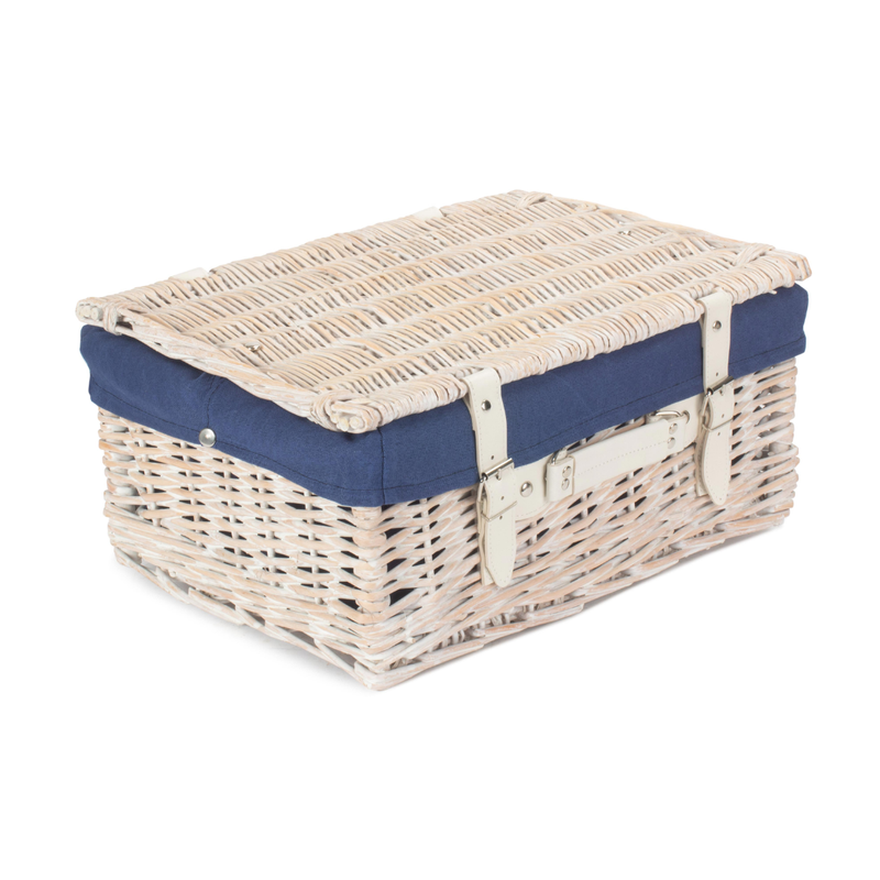 16" White Hamper With Navy Blue Lining | London Grocery