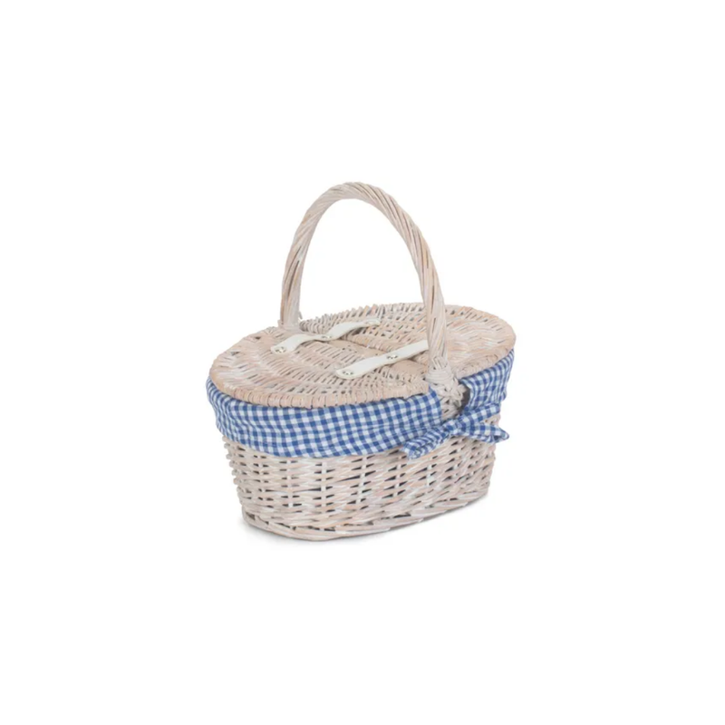 Childs White Wash Lidded Hamper With Blue & White Checked Lining | London Grocery