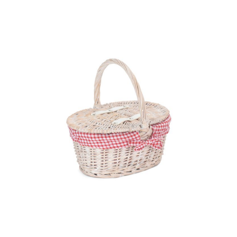 Childs White Wash Lidded Hamper With Red & White Checked Lining | London Grocery