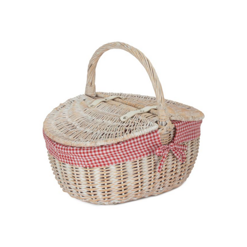 White Wash Finish Oval Picnic With Red & White Checked Lining | London Grocery