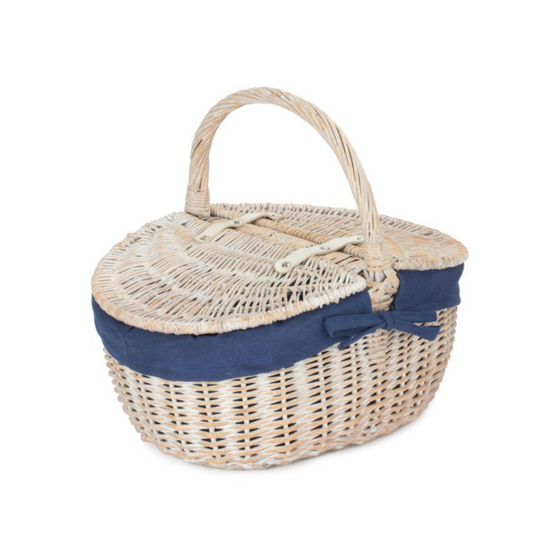 White Wash Finish Oval Picnic With Navy Blue Lining | London Grocery