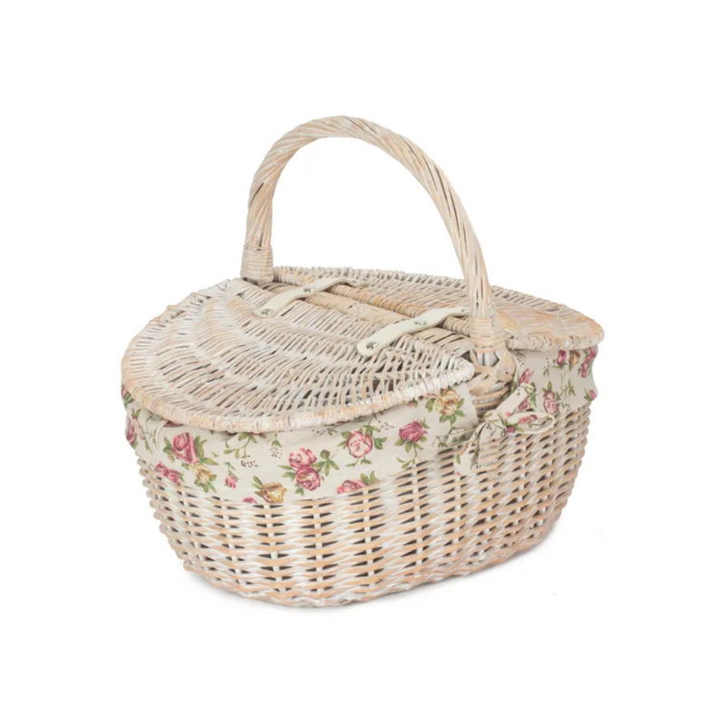 White Wash Finish Oval Picnic With Garden Rose Lining | London Grocery