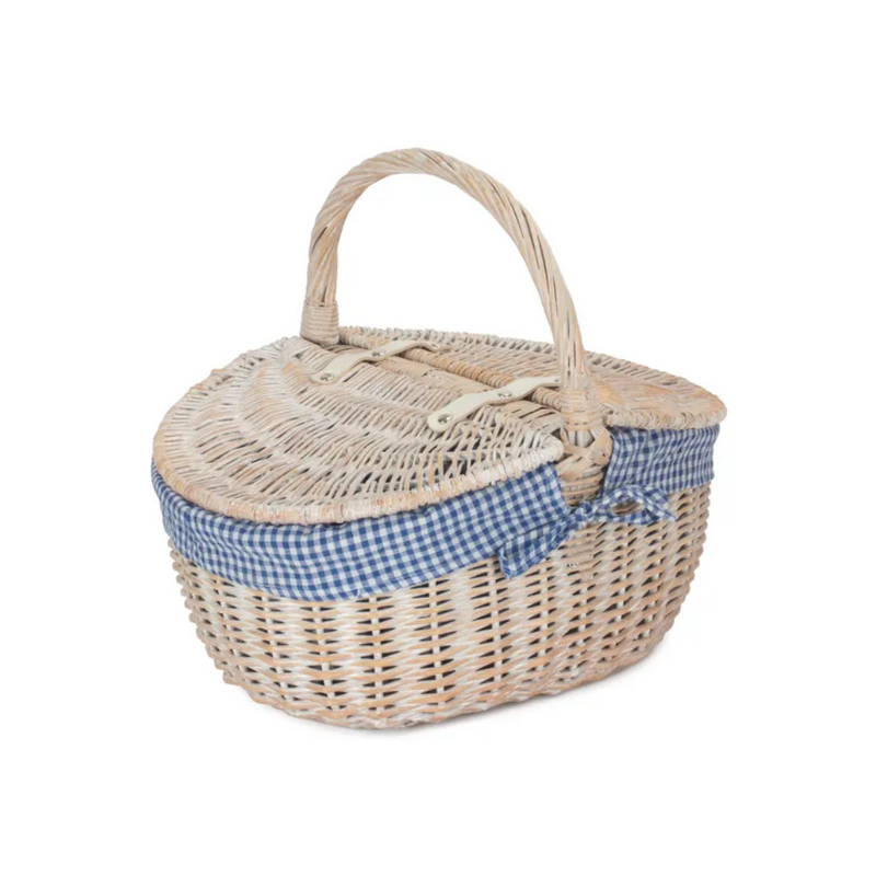 White Wash Finish Oval Picnic With Blue & White Checked Lining | London Grocery