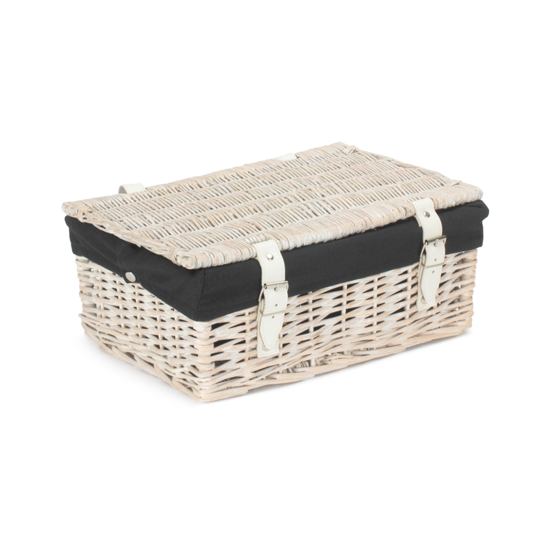 14 Inch Empty Wicker Hamper Basket - White Wash - Black Lining | London Grocery