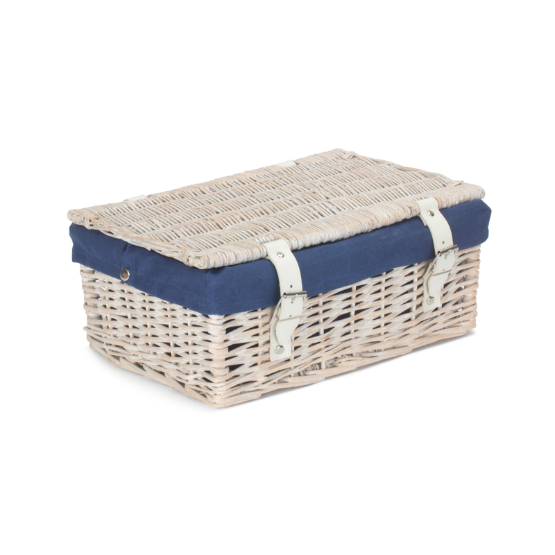 14 Inch Empty Wicker Hamper Basket - White Wash - Navy Blue Lining | London Grocery