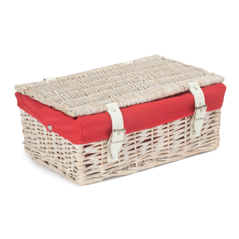 14 Inch Empty Wicker Hamper Basket - White Wash - Red Lining | London Grocery