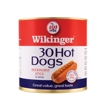 Wikinger 30 Hot Dogs Beechwood Smoked Bockwurst Style in Brine 3kg x 4 cases - London Grocery