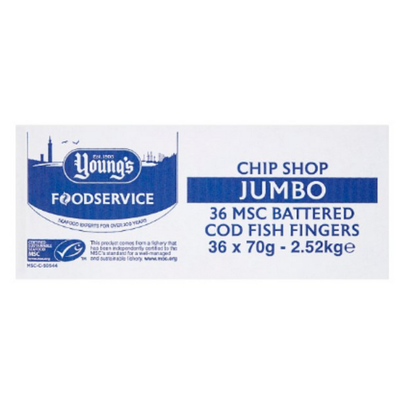 Young's Chip Shop Jumbo MSC Battered Cod Fish Fingers 2.52kg x 1 Pack | London Grocery